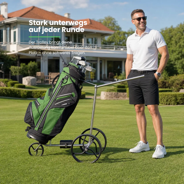 Trend Golf Walker E-Trolley 2026 mit Golfbag auf einem Rasenplatz, Person in sportlicher Kleidung.