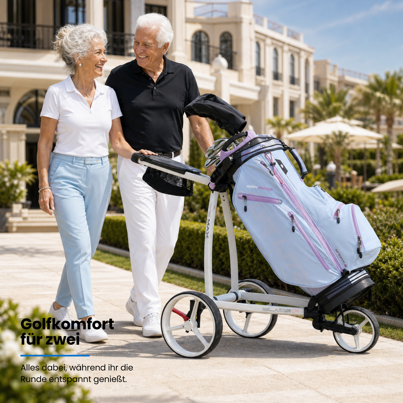Big Max IQ² - 3 Rad Push Trolley mit Golftasche, ideal für entspannte Golf-Runden zu zweit.