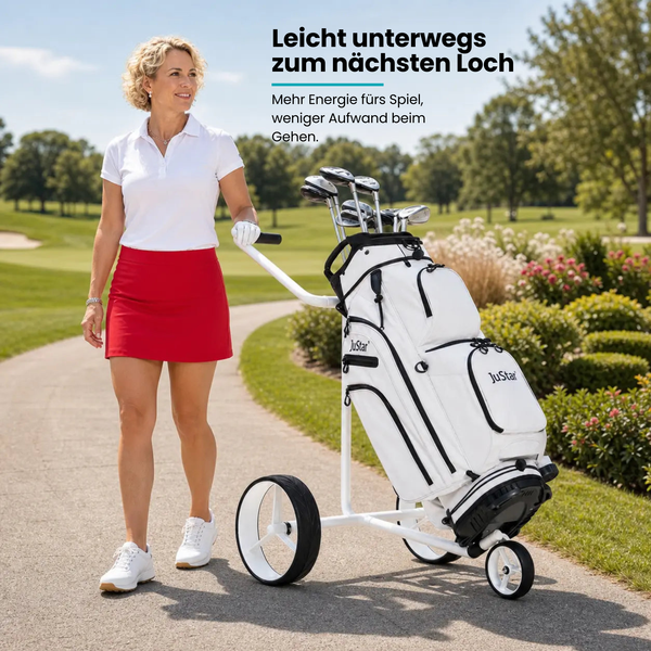 JuStar WHITE - Manuelles Golfbag mit Trolley für einfaches Transportieren auf dem Golfplatz.