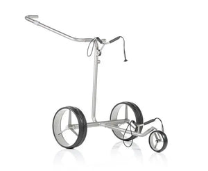 Moderner silberner Elektro-Golftrolley mit drei Rädern auf weißem Hintergrund