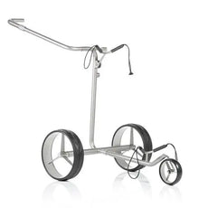 Moderner silberner Elektro Golf Trolley mit drei Rädern, Zubehörkabel sichtbar