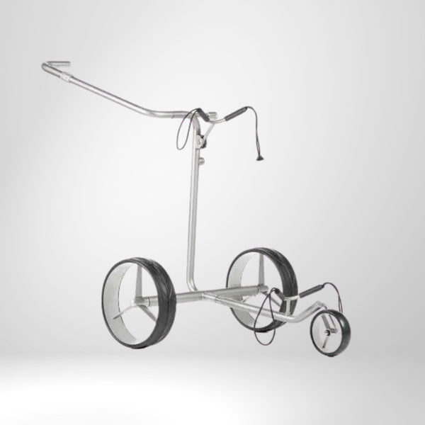 Moderner silberner Elektro Golf Trolley mit drei Rädern, Zubehörkabel sichtbar