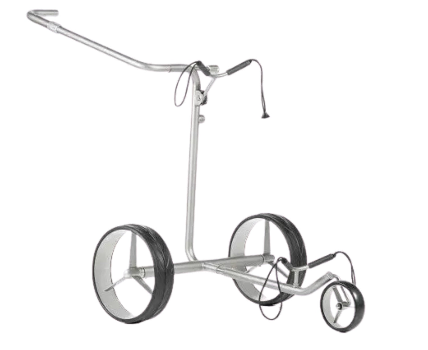 Moderner silberner Elektro-Golftrolley mit drei Rädern auf weißem Hintergrund
