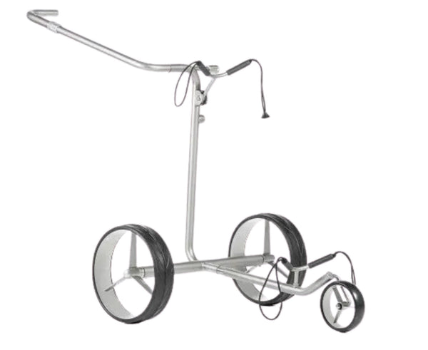 Moderner silberner Elektro-Golftrolley mit drei Rädern auf weißem Hintergrund