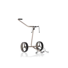 Moderner Golf Trolley mit zwei großen Rädern, minimalistischem Design auf weißem Hintergrund