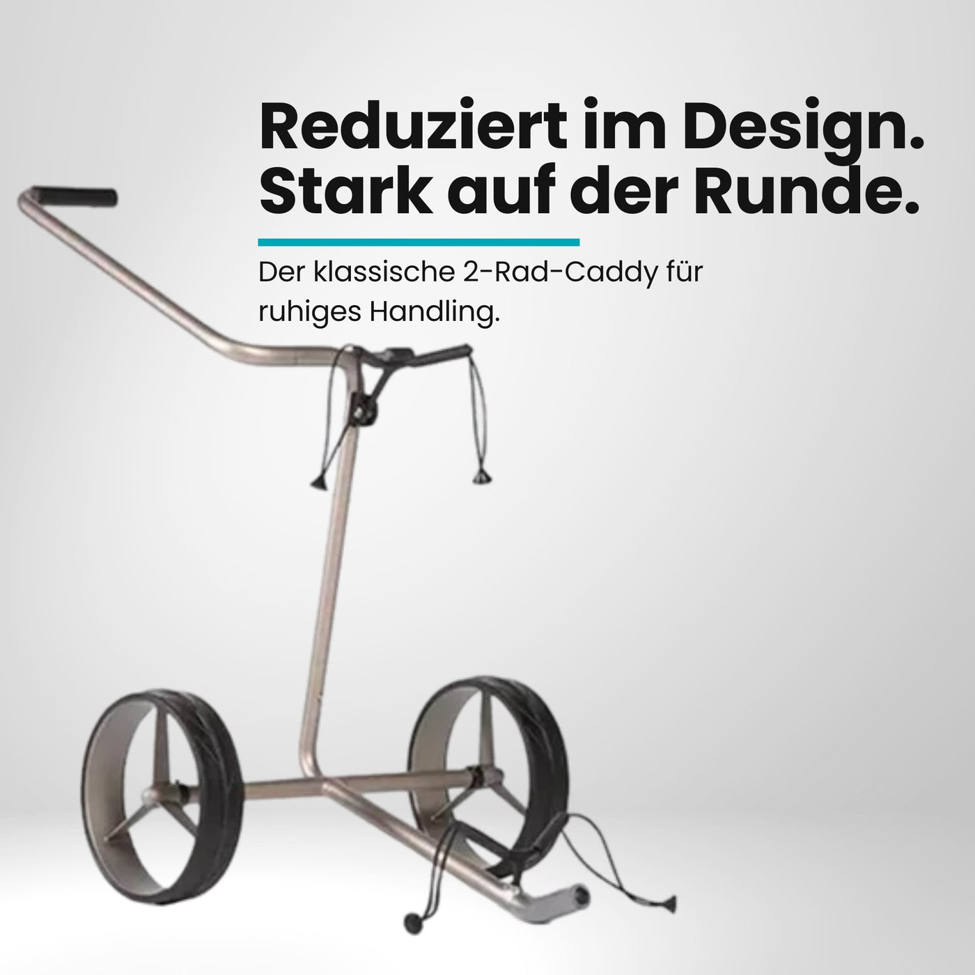 Moderner Golf Trolley mit zwei großen Rädern, minimalistischem Design auf weißem Hintergrund