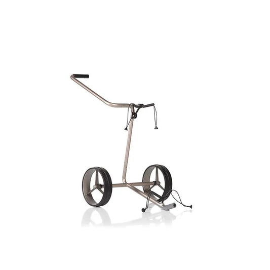 Moderner Golf Trolley mit zwei großen Rädern, minimalistischem Design auf weißem Hintergrund