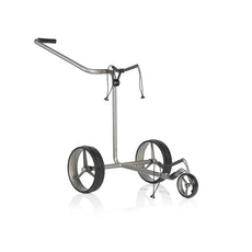 Moderner Golf Trolley aus Metall mit drei großen Rädern auf weißem Hintergrund