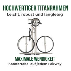 Zusammengeklappter silberner Golf E-Trolley mit schwarzen Rädern, kompakt für Transport
