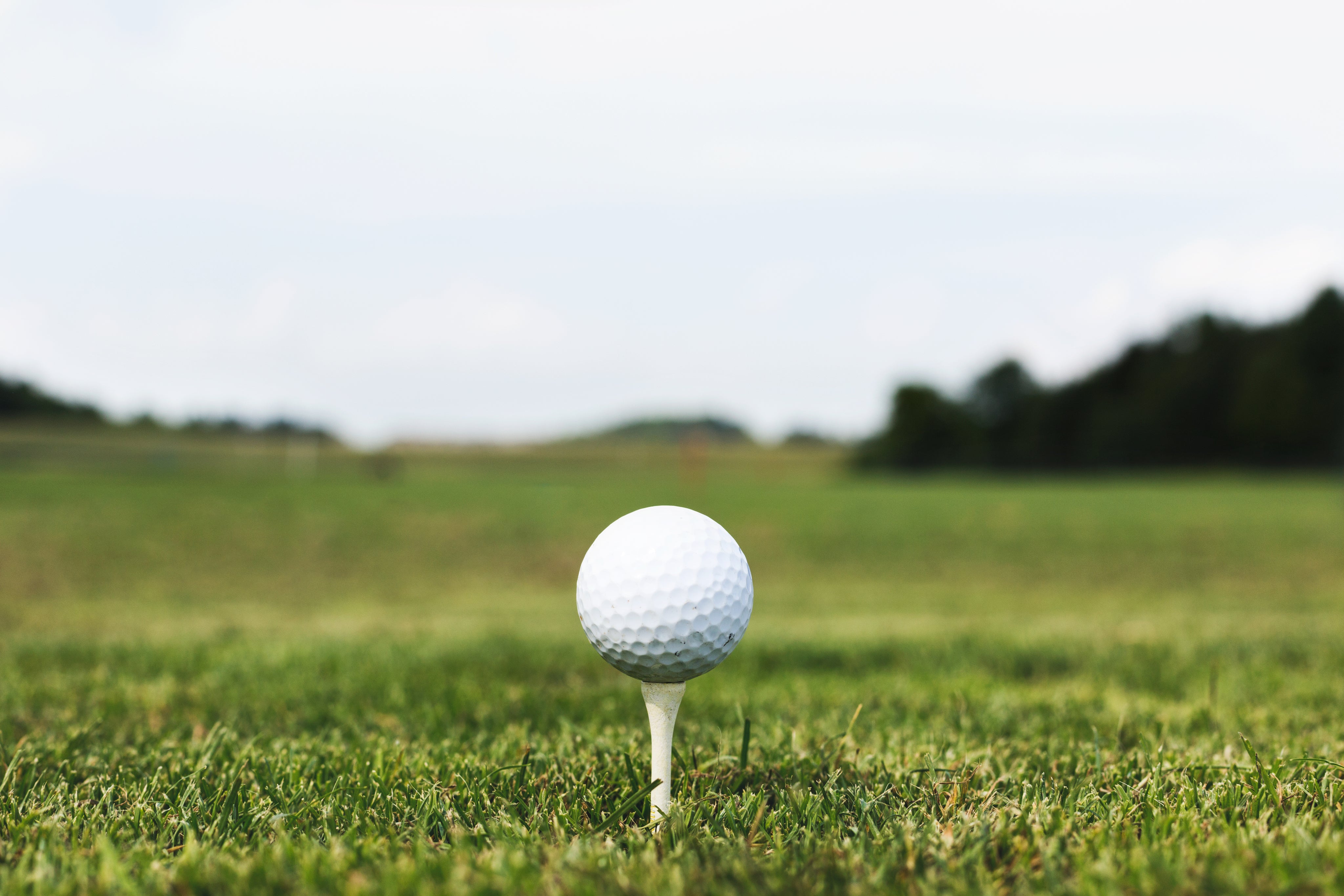 Golfball auf Tee auf gepflegtem Fairway, Golfplatz, Nahaufnahme für Golfausrüstung