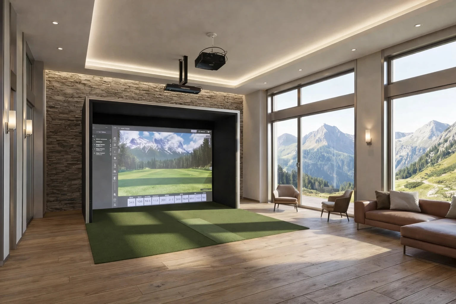 Luxuriöser Indoor Golf Simulator mit Alpenblick, modern eingerichtet, große Panoramafenster