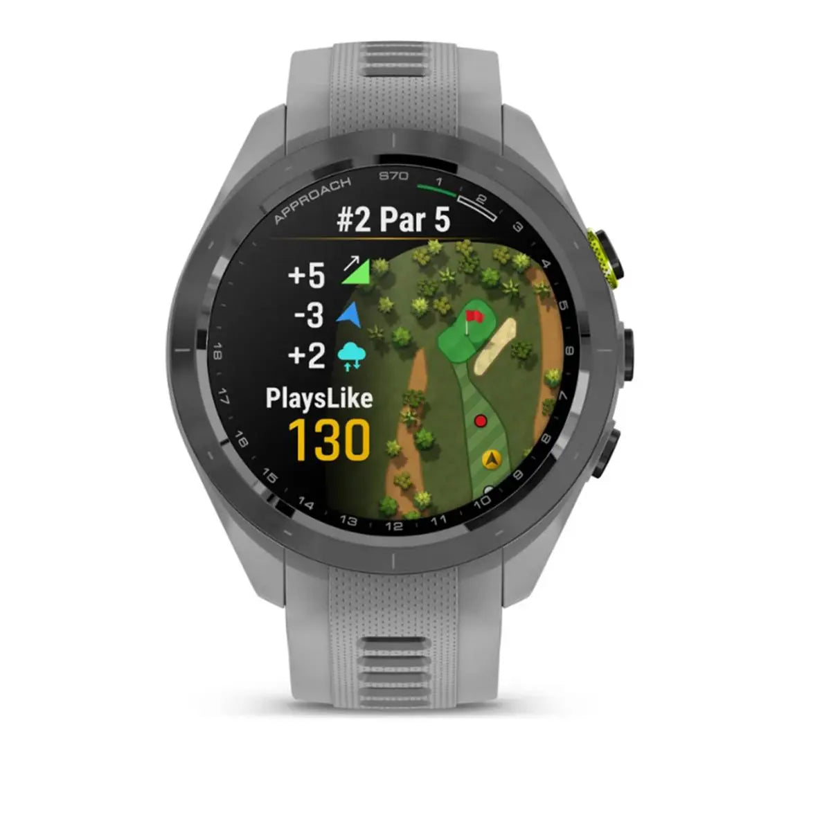 Golfuhr mit grauem Armband, Farbbildschirm zeigt Golfplatz- und Score-Informationen