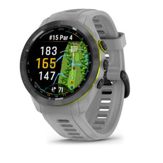 Graue Golf GPS-Uhr mit Farbdisplay, Golfplatzkarte und Entfernungsanzeige.