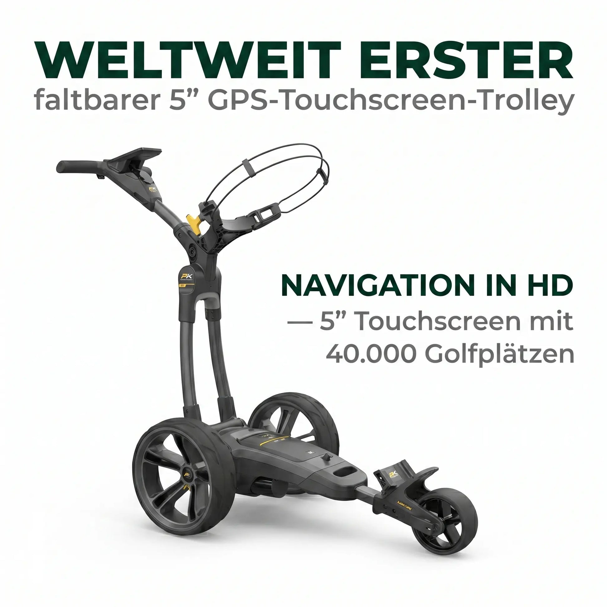 PowaKaddy CT12 — Weltweit erster faltbarer 5 Zoll GPS-Touchscreen-Trolley mit Navigation in HD und 40.000 Golfplätzen