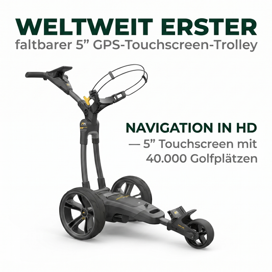 PowaKaddy CT12 — Weltweit erster faltbarer 5 Zoll GPS-Touchscreen-Trolley mit Navigation in HD und 40.000 Golfplätzen