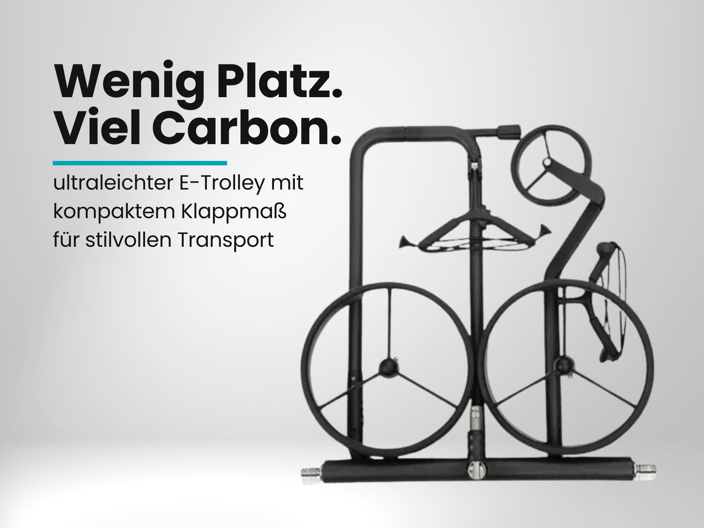 Zusammengeklappter schwarzer E-Trolley aus Carbon für Golfschläger, kompakt verstaut