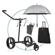 Golf E-Trolley Set aus Carbon mit Regenschirm, Scorecard-Halter und Transporttasche