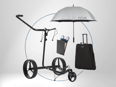 Golf E-Trolley Set aus Carbon mit Regenschirm, Scorecard-Halter und Transporttasche
