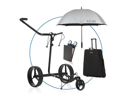 Golf E-Trolley Set aus Carbon mit Regenschirm, Scorecard-Halter und Transporttasche