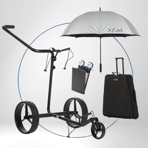 Golf E-Trolley Set aus Carbon mit Regenschirm, Scorecard-Halter und Transporttasche