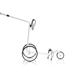 Weißer Golf Trolley aus Carbon mit drei Rädern auf weißem Hintergrund, leichtes Design.
