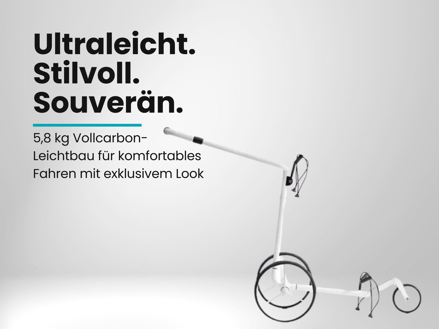 Weißer Golf Trolley aus Carbon mit drei Rädern auf weißem Hintergrund, leichtes Design.
