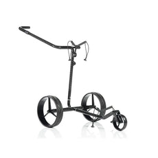Leichter, schwarzer Golftrolley aus Carbon mit drei Rädern auf weißem Hintergrund