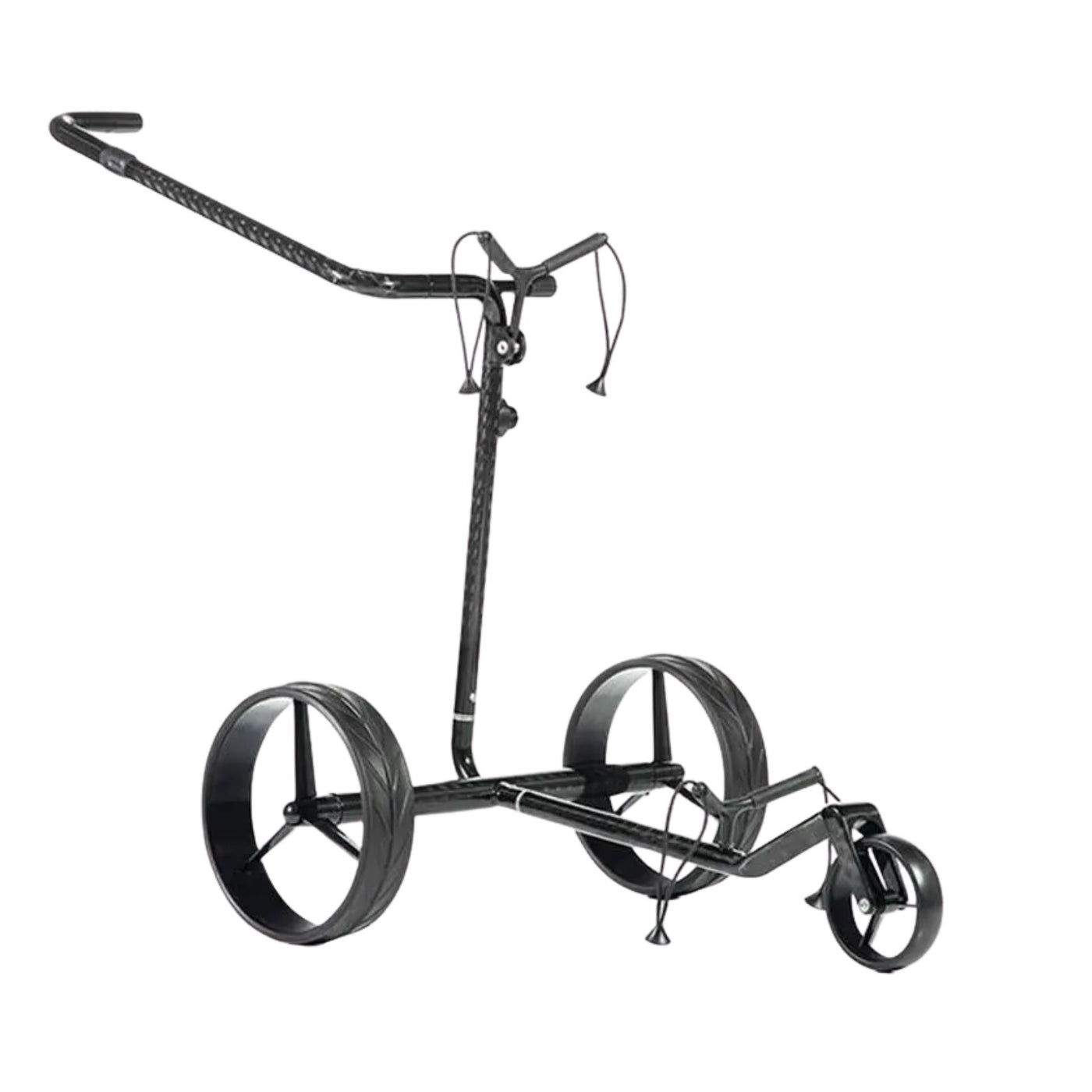 Leichter, schwarzer Golftrolley aus Carbon mit drei Rädern auf weißem Hintergrund