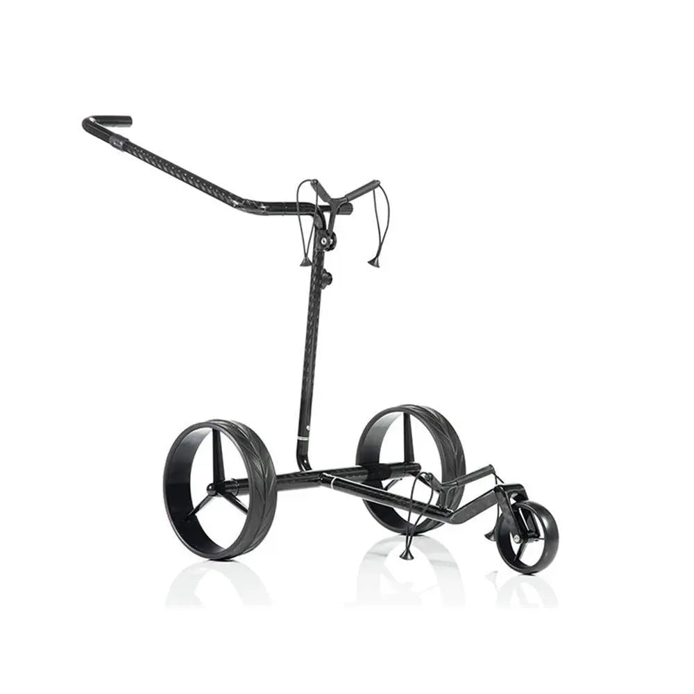 Leichter, schwarzer Golftrolley aus Carbon mit drei Rädern auf weißem Hintergrund