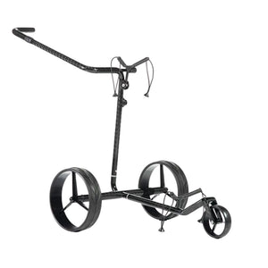 Leichter, schwarzer Golftrolley aus Carbon mit drei Rädern auf weißem Hintergrund