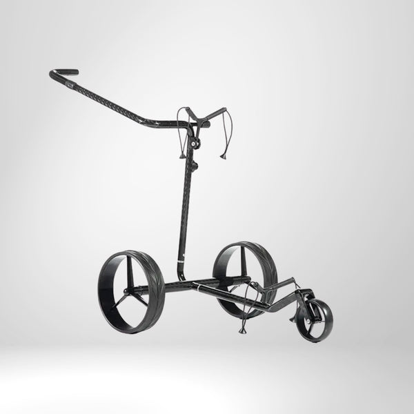 JUCAD CARBON Golftrolley – Leichter schwarzer Carbon-Golftrolley, Gesamtansicht freigestellt