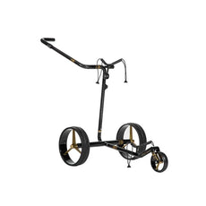Elektro Golf Trolley aus Carbon mit drei goldenen Speichenrädern vor weißem Hintergrund