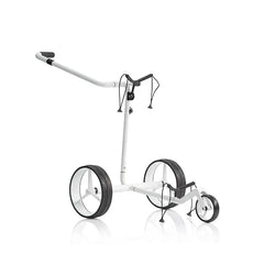 Weißer Golf Trolley aus Carbon mit drei Rädern, ideal für den Transport von Golfbags.
