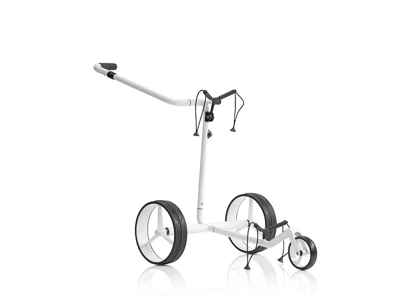 Weißer Golf Trolley aus Carbon mit drei Rädern, ideal für den Transport von Golfbags.