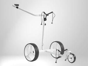 Weißer Golf Trolley aus Carbon mit drei Rädern, ideal für den Transport von Golfbags.