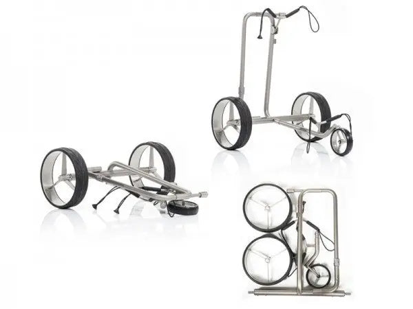 Elektrischer Golftrolley aus Edelstahl, zusammenklappbar mit drei großen Rädern