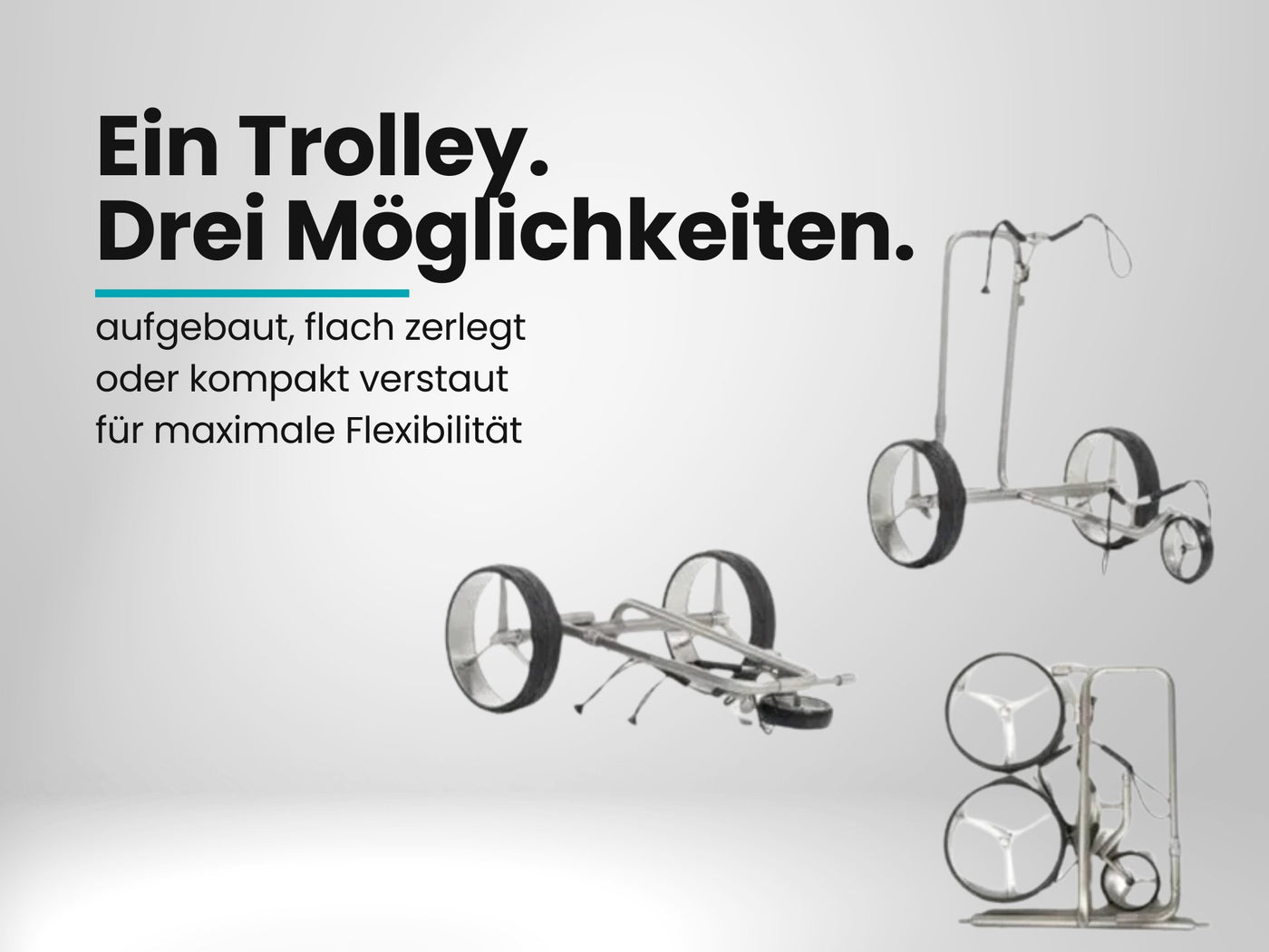E-Trolley für Golf, Silber, zusammenklappbar, verschiedene Ansichten, große Räder
