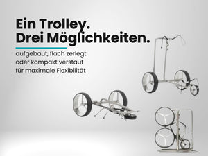 E-Trolley für Golf, Silber, zusammenklappbar, verschiedene Ansichten, große Räder