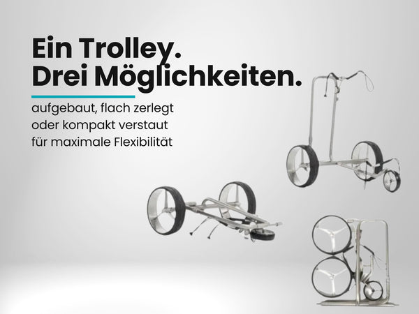 E-Trolley für Golf, Silber, zusammenklappbar, verschiedene Ansichten, große Räder