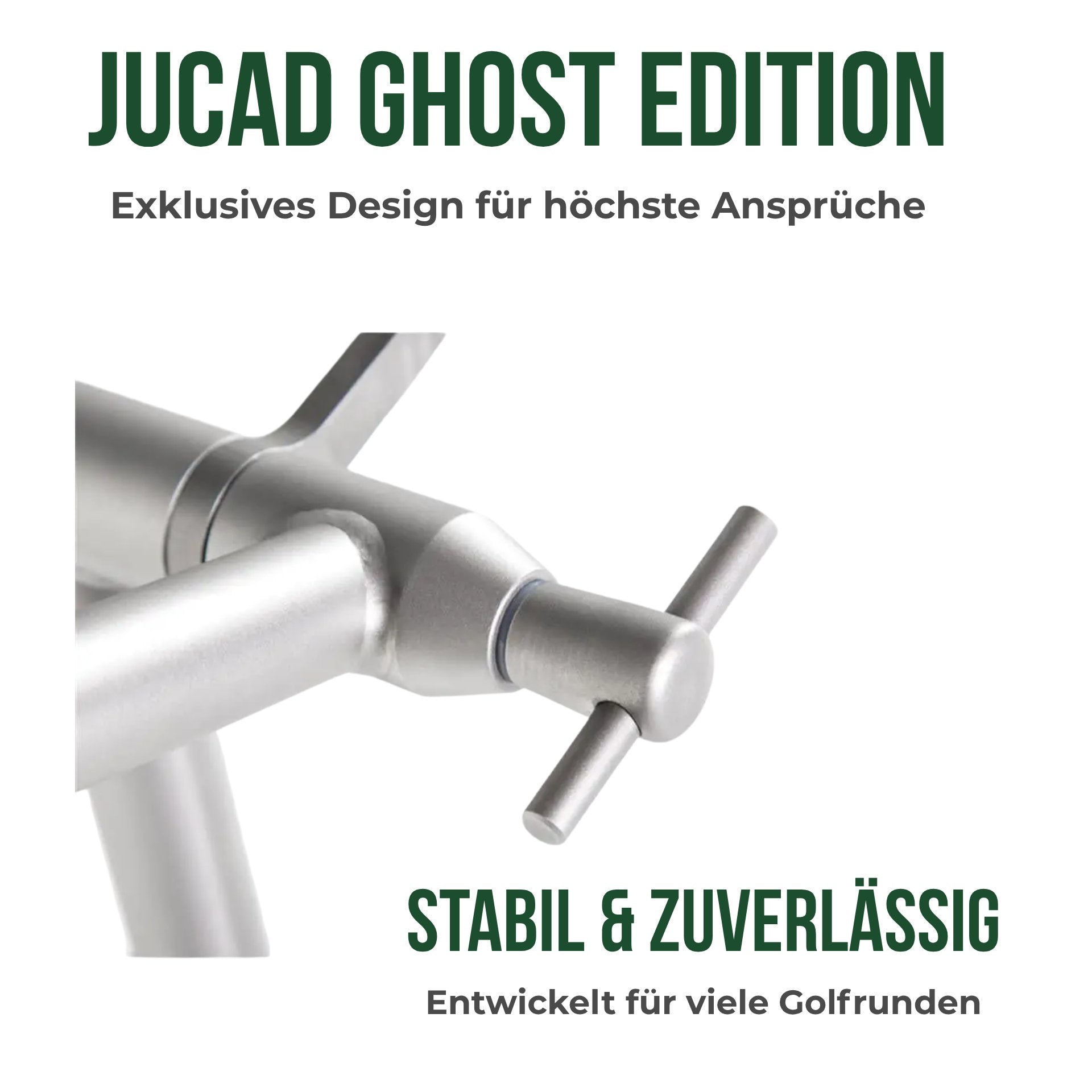 Detailansicht silberner Flügelgriff an JuCad Golftrolley, robustes Aluminium-Design
