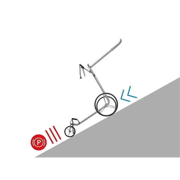 Golf Trolley mit Parkbremse auf abschüssiger Fläche, Symbol für Bremsfunktion, Zubehör