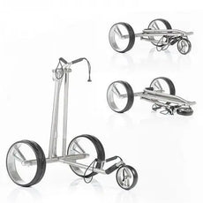 Moderner, silberner Golf Elektro-Trolley mit klappbarem Design auf weißem Hintergrund