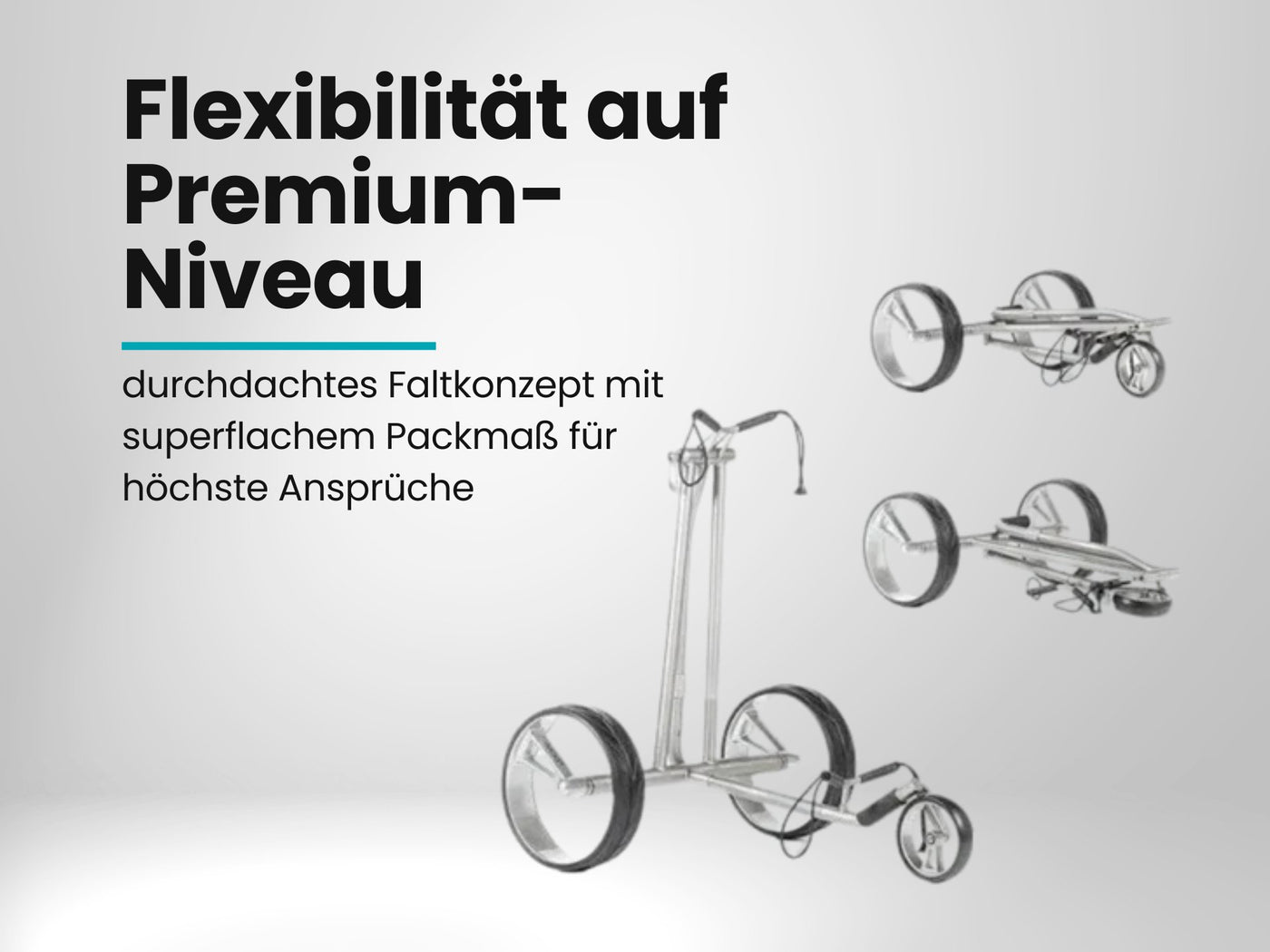 Moderner, silberner Golf Elektro-Trolley mit klappbarem Design auf weißem Hintergrund