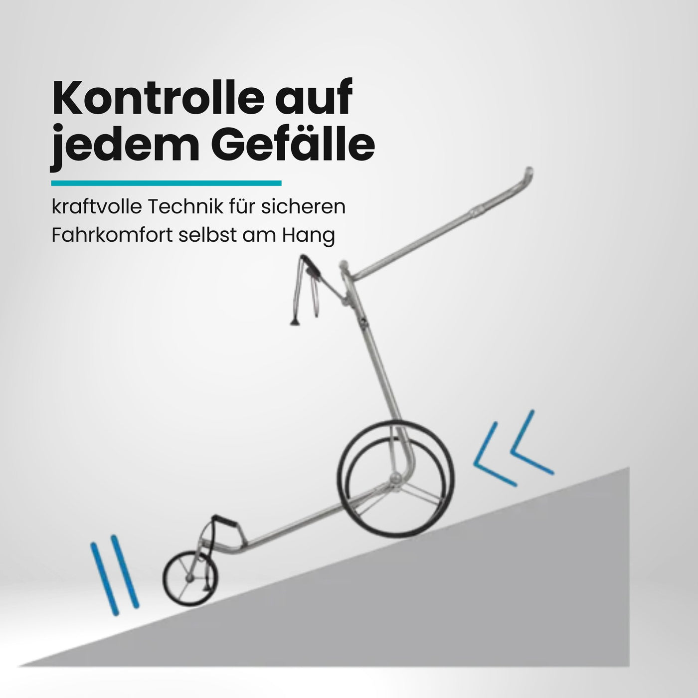 Golf Trolley mit drei Rädern auf schrägem Untergrund, E-Trolley für Golfzubehör