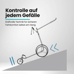 Golf Trolley mit drei Rädern auf schrägem Untergrund, E-Trolley für Golfzubehör