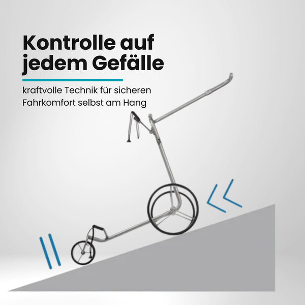 Golf Trolley mit drei Rädern auf schrägem Untergrund, E-Trolley für Golfzubehör