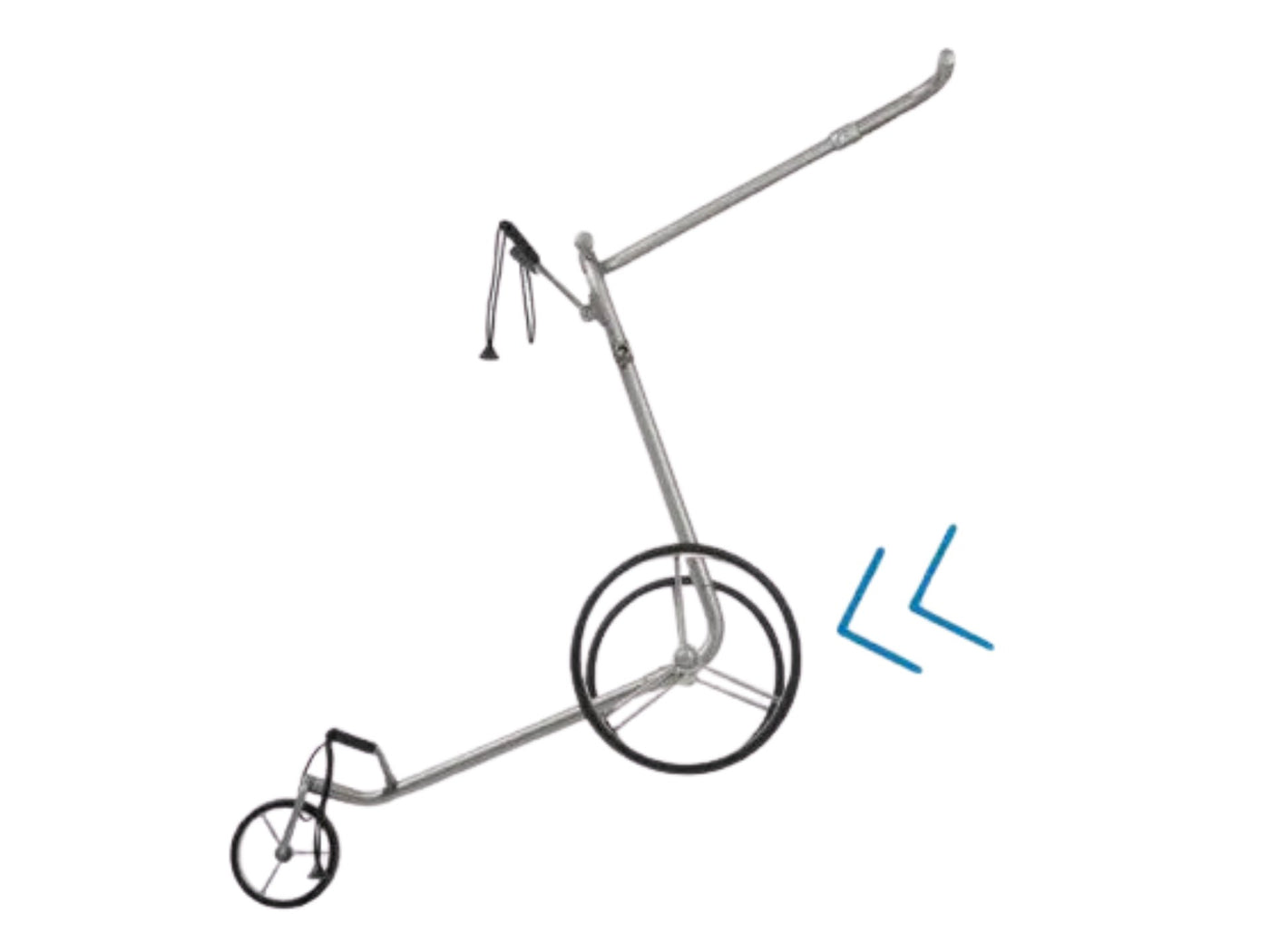 Moderner Golf Trolley mit Bergbremse auf abschüssigem Untergrund, silber, E-Trolley
