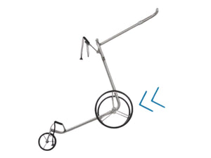 Moderner Golf Trolley mit Bergbremse auf abschüssigem Untergrund, silber, E-Trolley