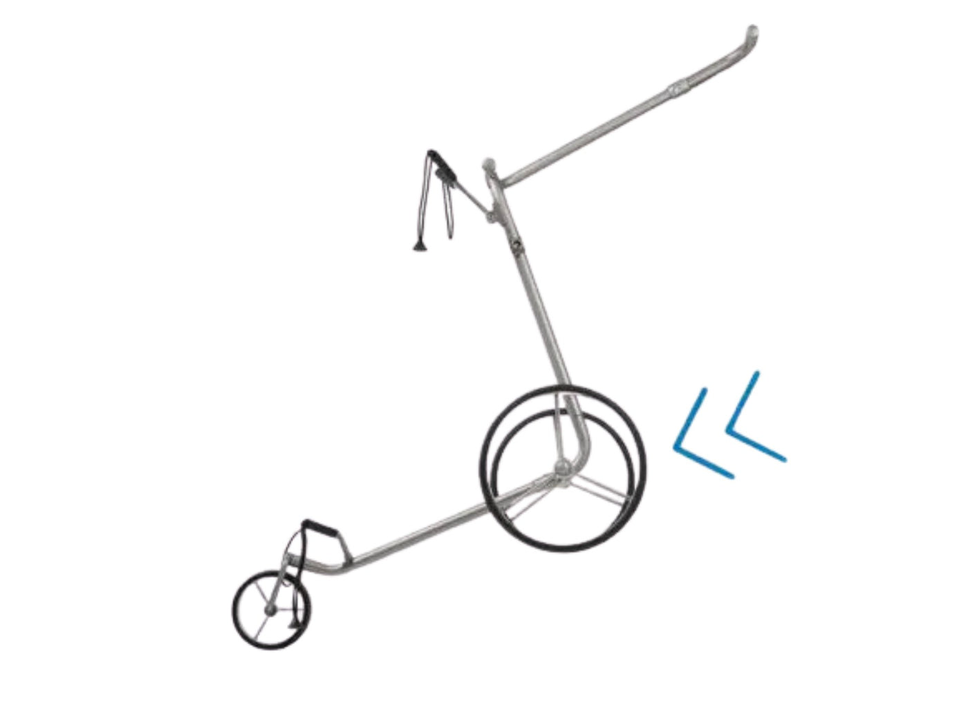 Moderner Golf E-Trolley aus Metall mit Bergbremse, seitlich auf abschüssigem Untergrund
