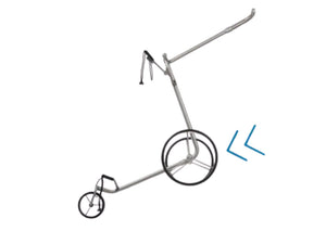 Moderner Golf E-Trolley aus Metall mit Bergbremse, seitlich auf abschüssigem Untergrund